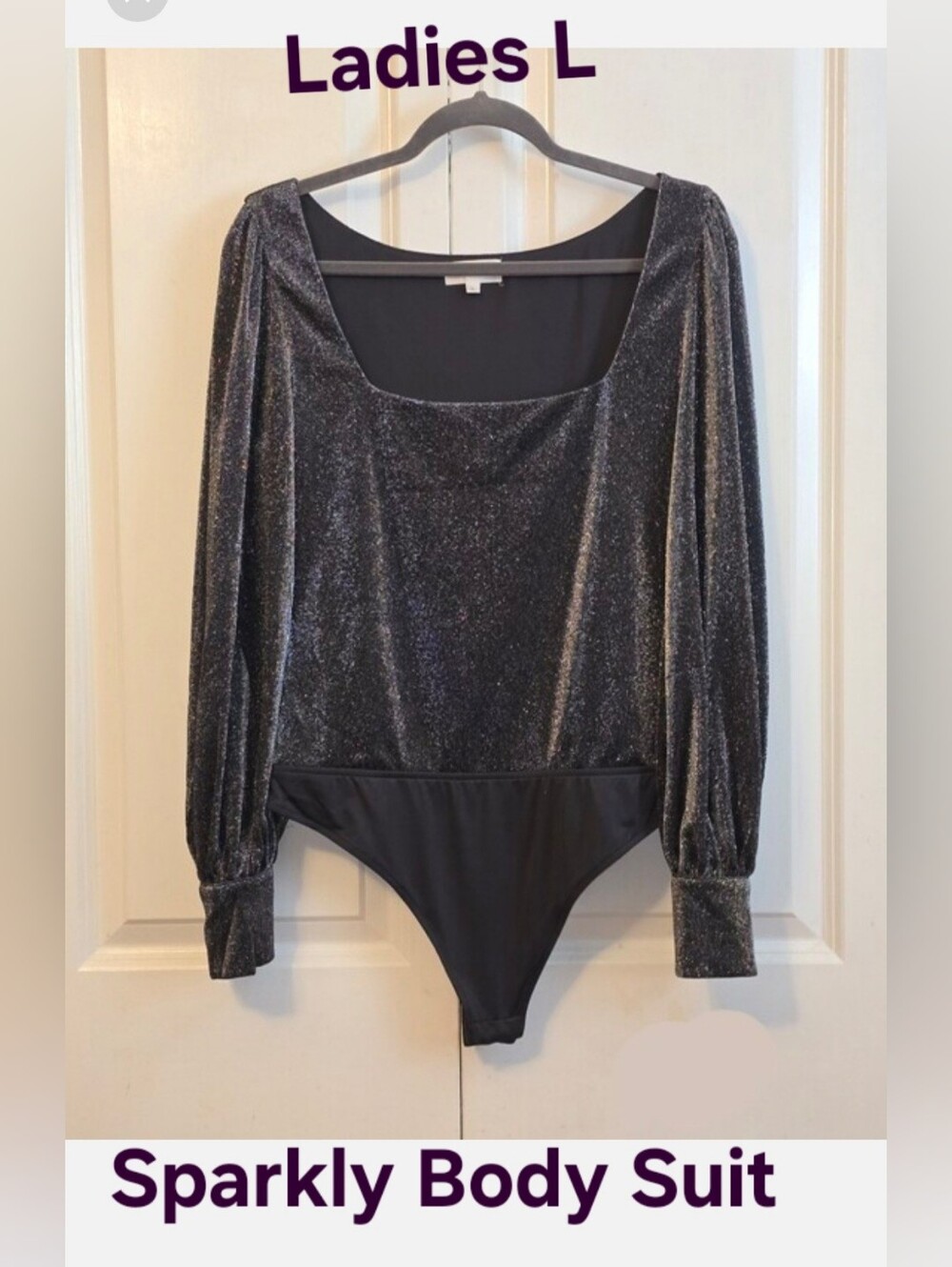 Privacy Please Large Black & Silver Sparkle Long Sleeve Body Suit Square Neck